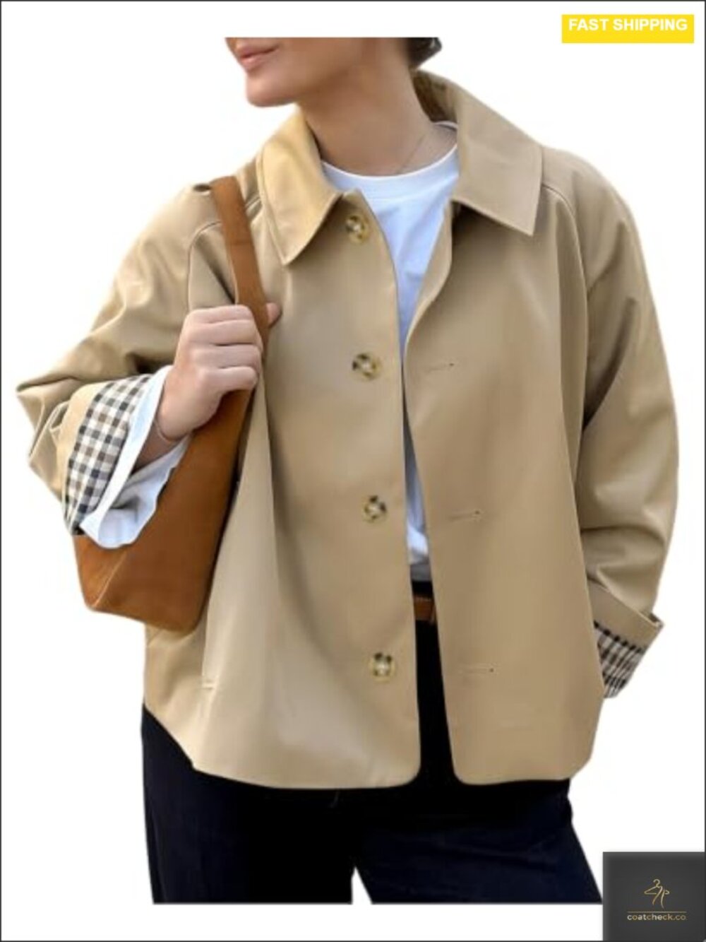 Women's Cropped Trench Coat Lightweight Single Breasted with Plaid Lining